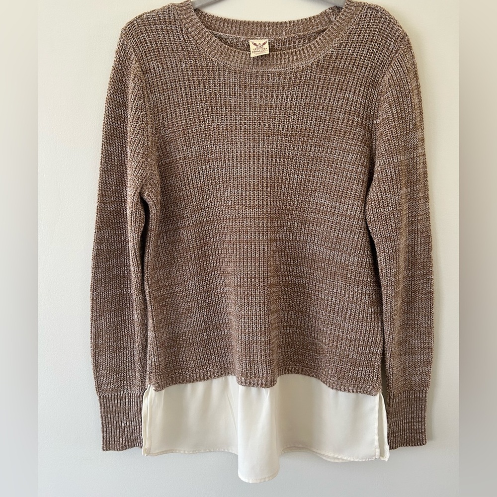 Faded Glory Brown Waffle Knit Crewneck Sweater with Cream Layered Hem